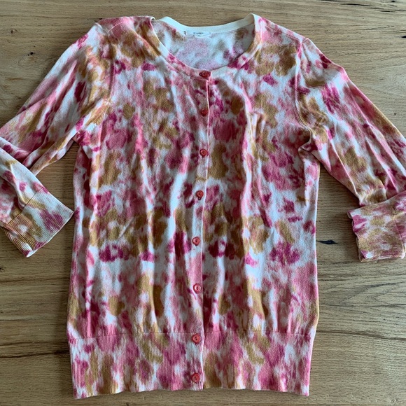 Caslon Sweaters - Caslon Watercolor 3/4 Sleeve Cardigan Button Up Pink Tan Women’s Medium Preloved